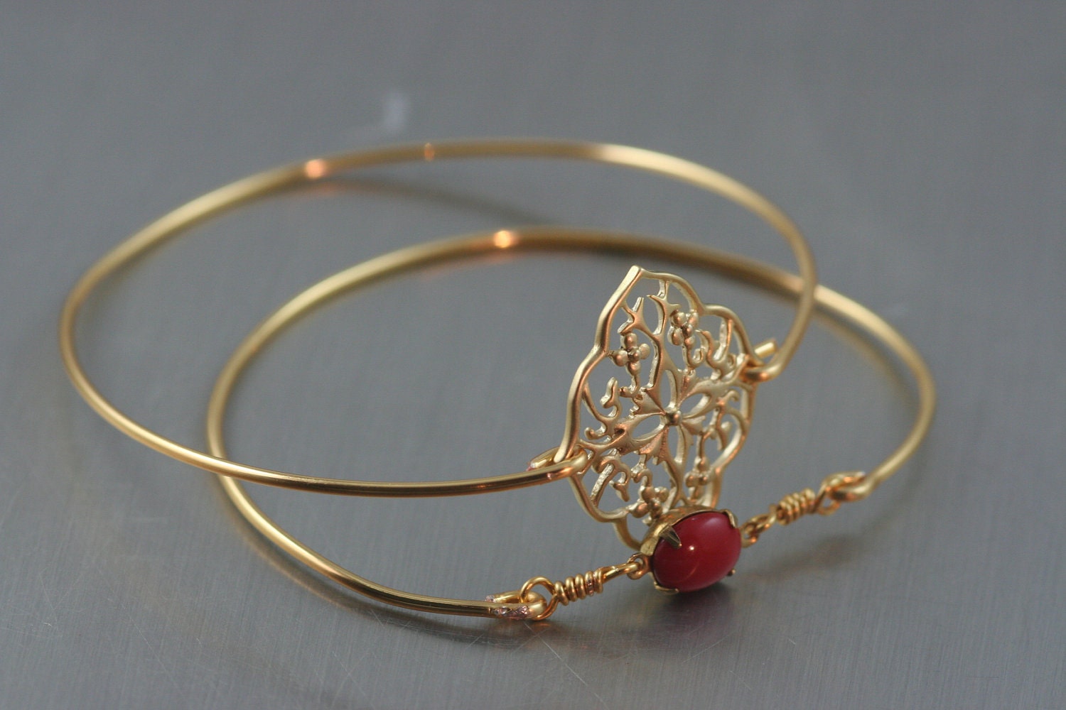Gold Bangle, Gold Bracelet, Filigree Bracelet, Flower Bracelet,(French love)