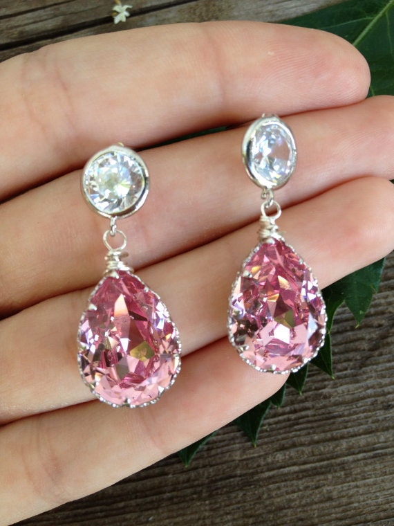 Pink Rose Swarovski sterling silver post earrings