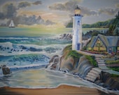 Lighthouse Cottage At Night, Dan Leasure Original Oil, 36" w x 25" h