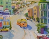 San Francisco Living Oil, Coit Tower, Street Car, City Scene, Dan Leasure Oil,  Framed 17 x 22 inches, Ready To Hang