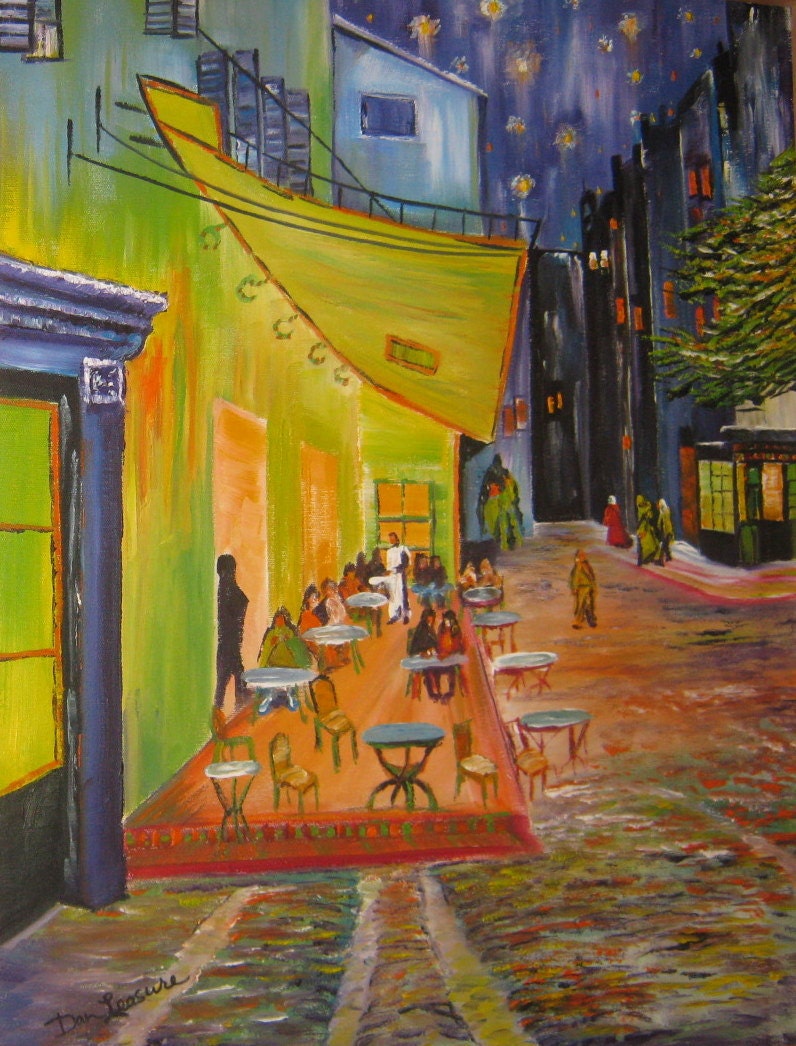Van Gogh Night Cafe, Romance Art, Reproduction, Starry Night, Dan Leasure Oil with Frame