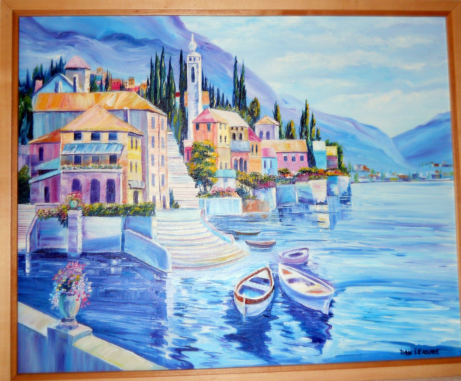 Lake Como, Italy, Blue Dreams Oil, Home Portrait, Lakeside Italy, Waterside Villa and Boats, Dan Leasure Oil