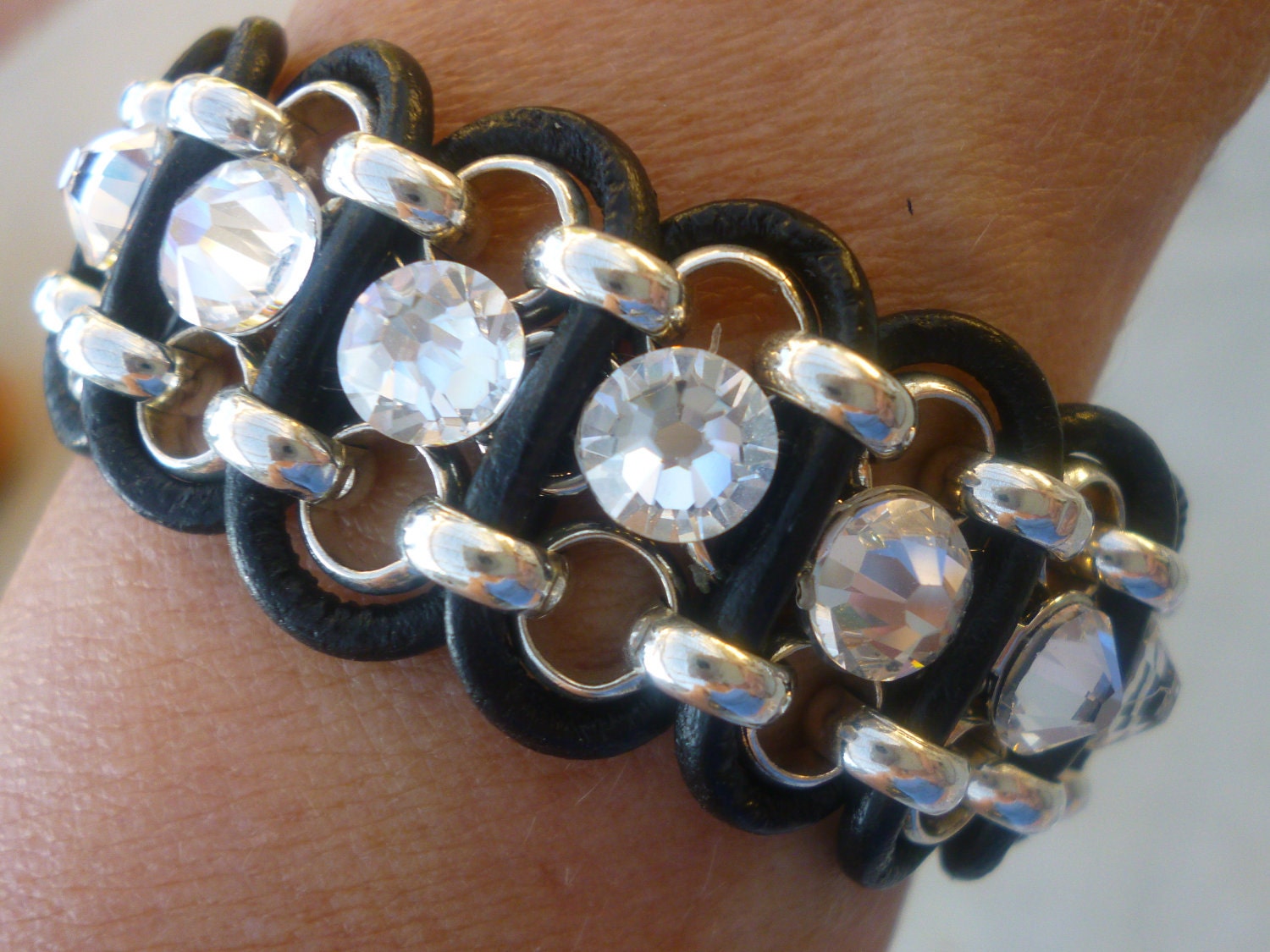 Black Leather Cuff Bracelet Swarovski Crystal Stunner Womens Jewelry