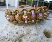 Unique Wrap Bracelet Leather Cuff in Copper with Swarovski Crystal Rhinestones Topaz Green Purple Jewelry