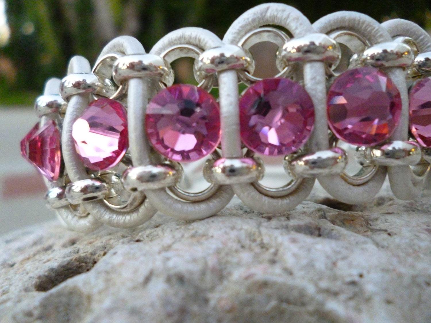 Swarovski Crystal Rose Pink Rhinestone Pearl Leather Cuff Bracelet