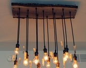 Live Edge Wood Chandelier with Antique bulbs and Quartz Crystals