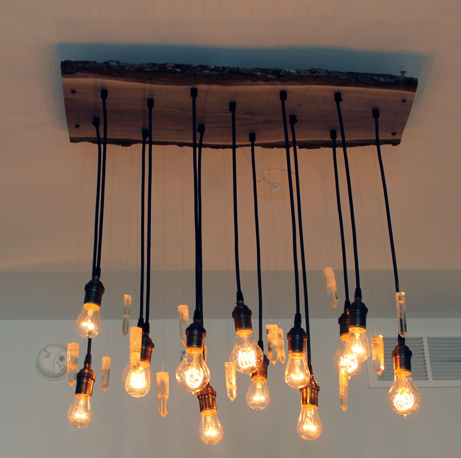 Live Edge Wood Chandelier with Antique bulbs and Quartz Crystals