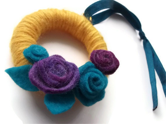 Yellow, Teal, Purple Micro Wreath : cute, tiny yarn wreath with felt flowers and leaves, teal hanging ribbon