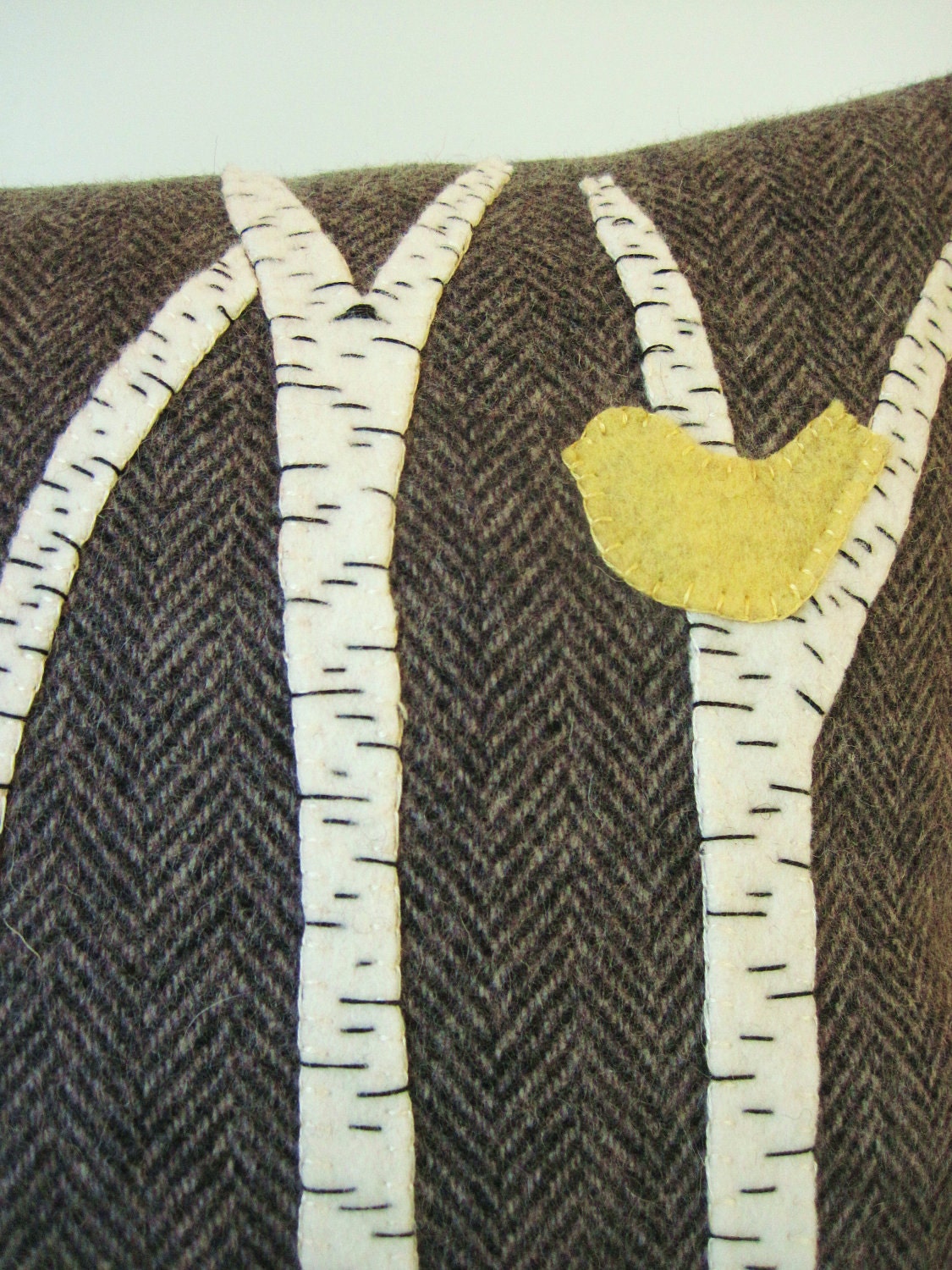 Decorative Pillow / Wool Fabric Applique / Wool Pillow / Cabin / Birch Trees / Yellow Bird