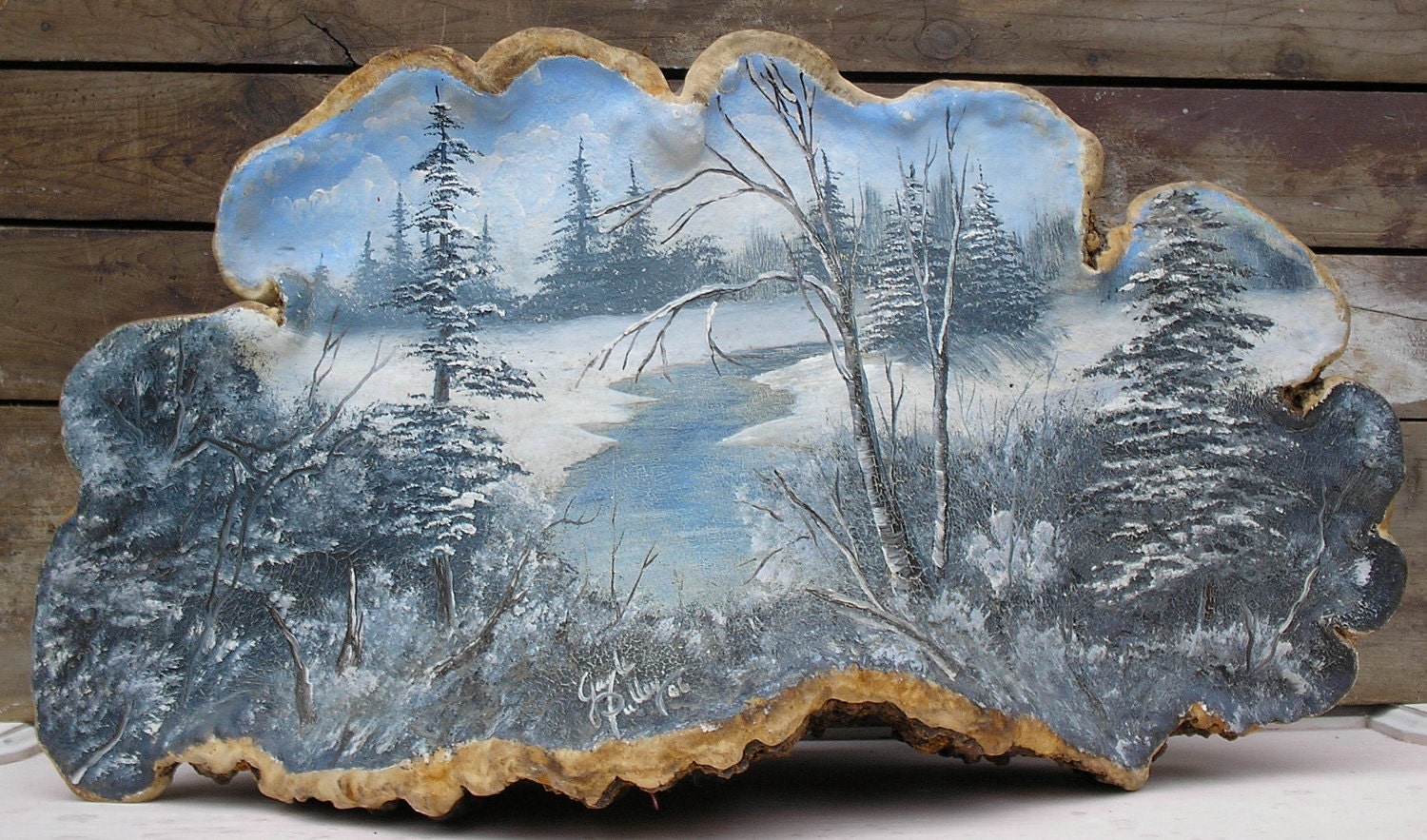 Art Hand Painted Winter Scene Vintage Oil Painting on a Conk