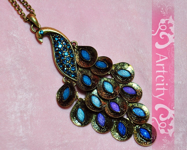 elegant vintage style peacock necklace, Crystals feather