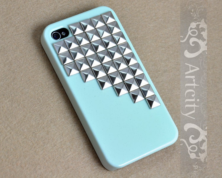Studded Iphone Case Silver pyramid studs Light Green IPHONE 4/4S Case----for Apple iPhone 4 Case, iPhone 4s Case, iPhone 4 Hard Case
