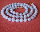 Blue Lace Agate Necklace. Genuine Stone. 8mm Round Beads. 25 inches long. Hand Knotted. Grade 'A' Therapeutic Necklace. MapenziGems