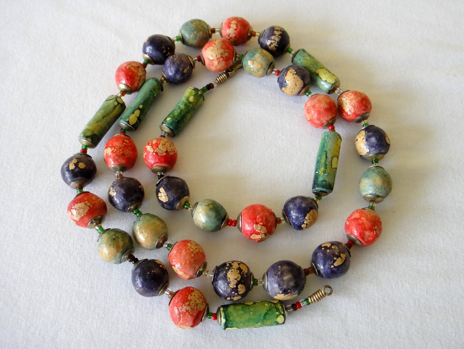 Handmade NATURAL Clay Beads Necklace  FREE Earrings Hand Painted Multi Color Lariat Kazuri. MapenziGems CL02