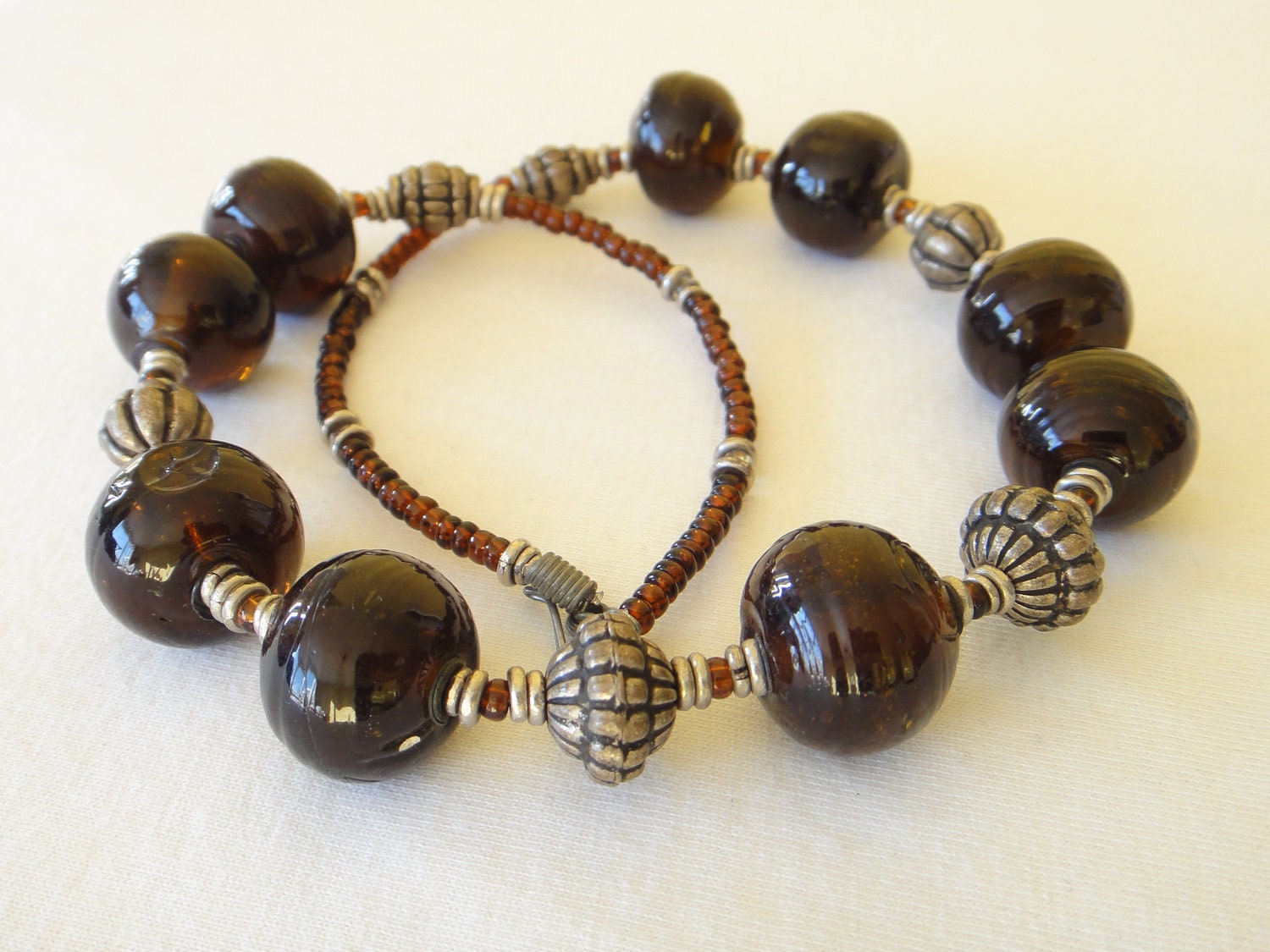 Handmade Recycled GLASS and Ethiopian Silver Beads Necklace FREE Earrings Upcycled Kitengela Glass Brown Color. MapenziGems G07