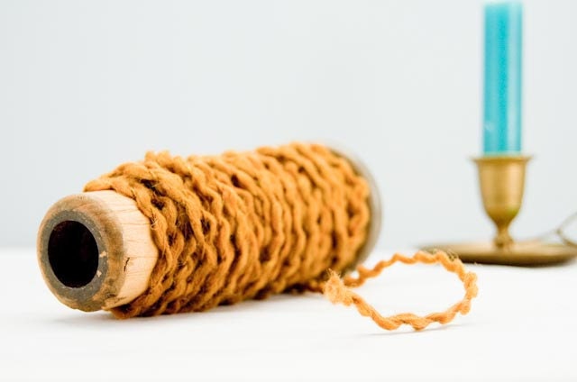 FINAL SALE Vintage Dark Mustard Crimped Yarn on Antique Wooden Spool