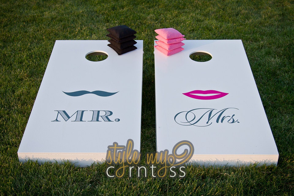 Wedding Cornhole Set w/ Bags - Mr Mustache & Mrs Kiss design