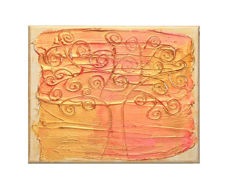8 in by 10 in Painting - Iridescent Gold over burnt red, orange, and yellow - Highly textured acrylic painting of a swirly tree