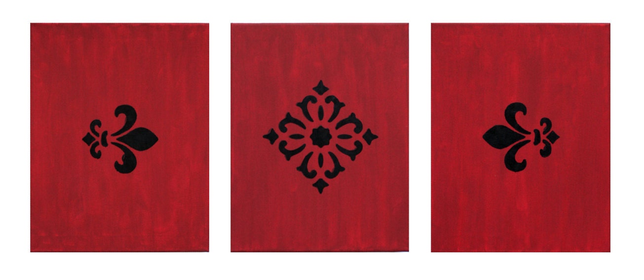 Red & Black Home Decor Painting Set with India Style Designs. Set of three 11 in by 14 in canvases. Anthropologie Style.