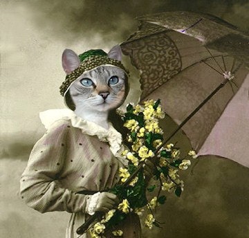 Paris - Vintage Cat 5x7 Print - Anthropomorphic - Altered Photo - Photo Collage Art - Whimsical Art - Yellow and Tan - Gift Idea