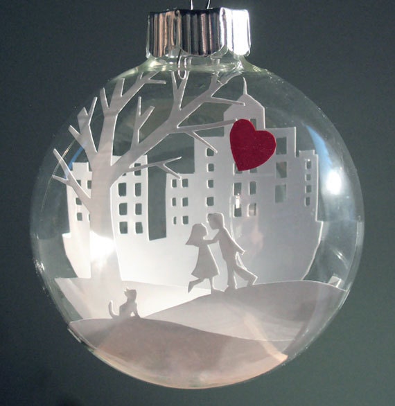 Young Lovers with a Red Heart Balloon Scene Glass Ornament