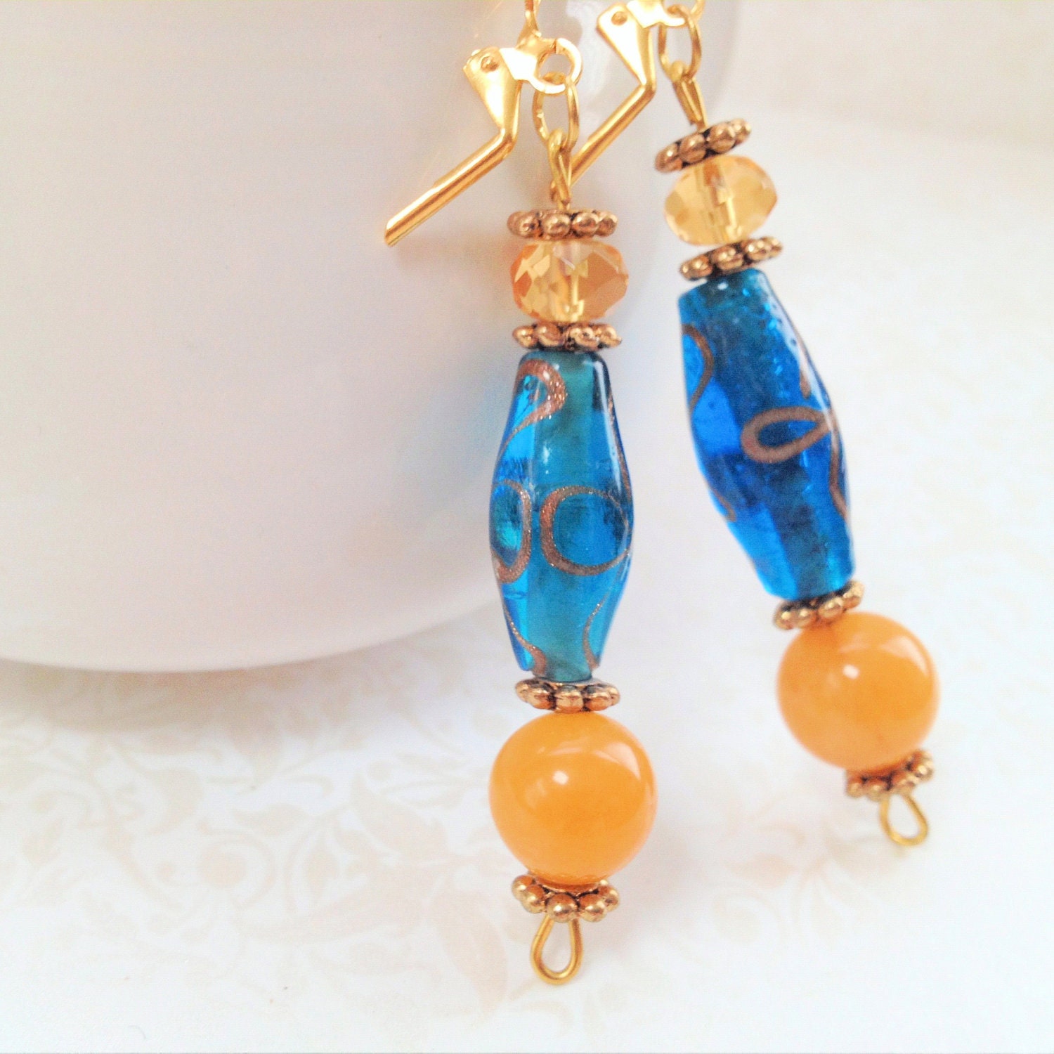 Yellow Natural Stone Earrings. Aqua Glass Bead. Dangle Earrings. Glass Beaded. Gold Tone Dangle Earrings. Summer. Unique. Blue. Yellow.