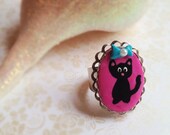 Black Cat Ring. Oval Adjustable Silver Ring. Polymer Clay. Pink. Blue. Bow. Pearl. Cute. Miniature Kitten. Kawaii. Feminine. Animal.