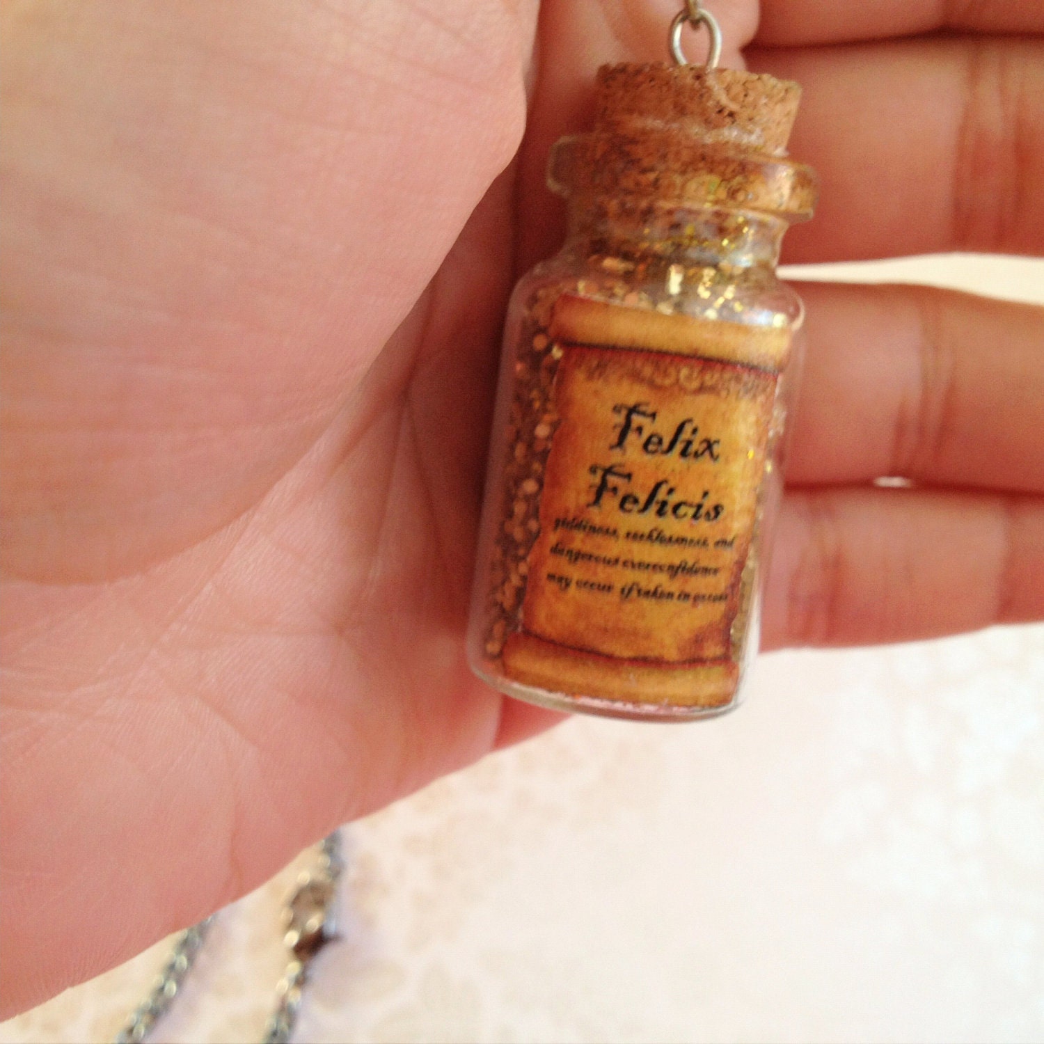 Harry Potter Inspired Felix Felicis Potion. Liquid Luck. Small Glass Bottle. Potion Bottle. Gun Metal Chain. Gold. Vintage Style. Witch.