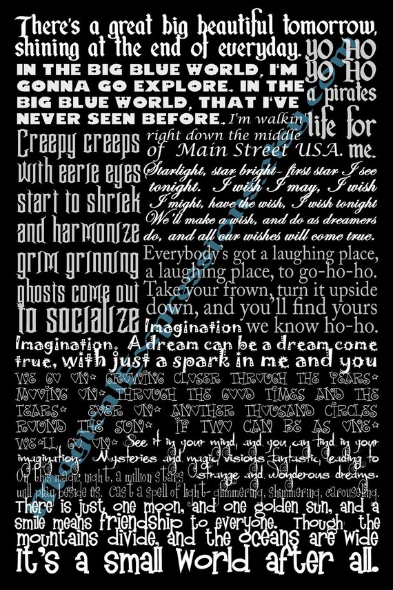 Walt Disney World Typography (Song Lyric Art Print ) 11 by 14