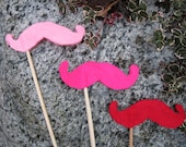 Upcycled Steampunk Felt Handlebar Mustache on a Stick - Valentine's Day Set of 3 - Pink and Red Wedding Photo Prop
