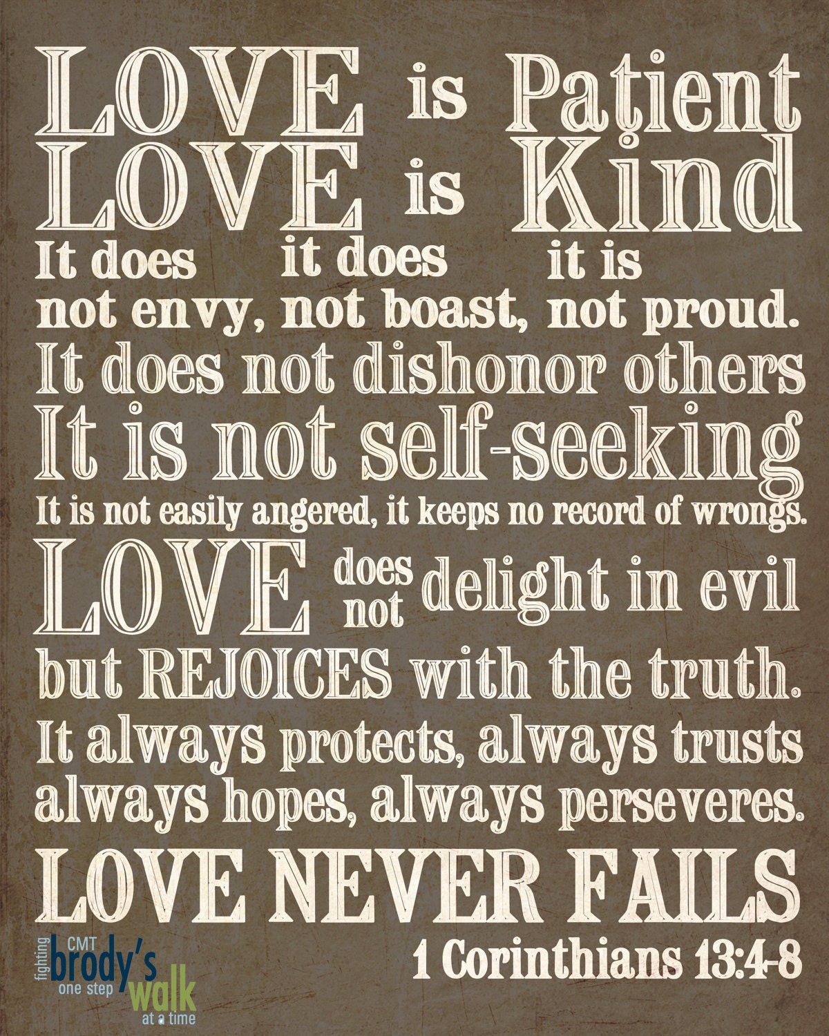 1 Corinthians 13 Subway Art. 11x14 Mounted Print. Love is Patient, Love is Kind...