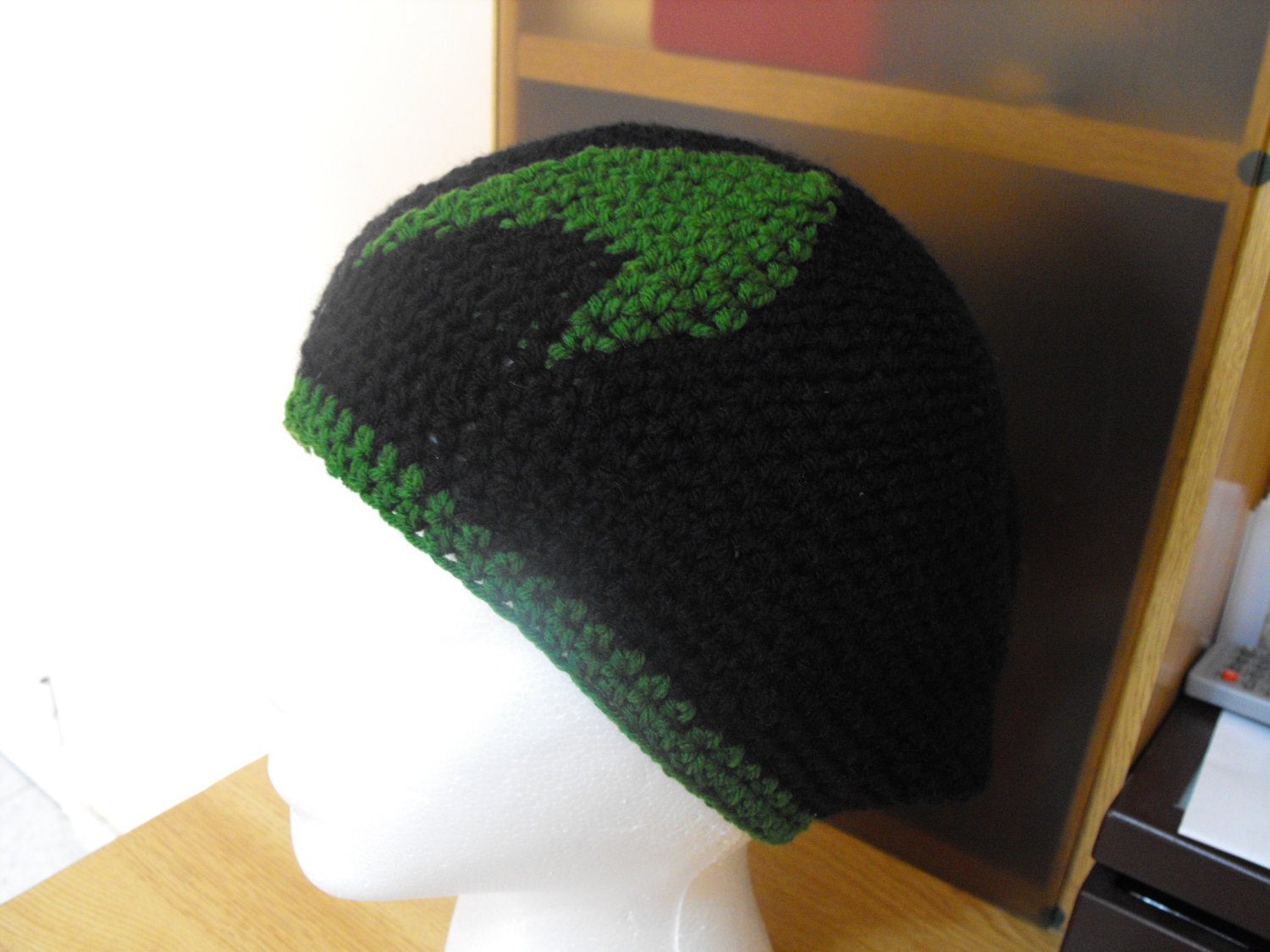 Handmade crochet Star Trek black and green beanie