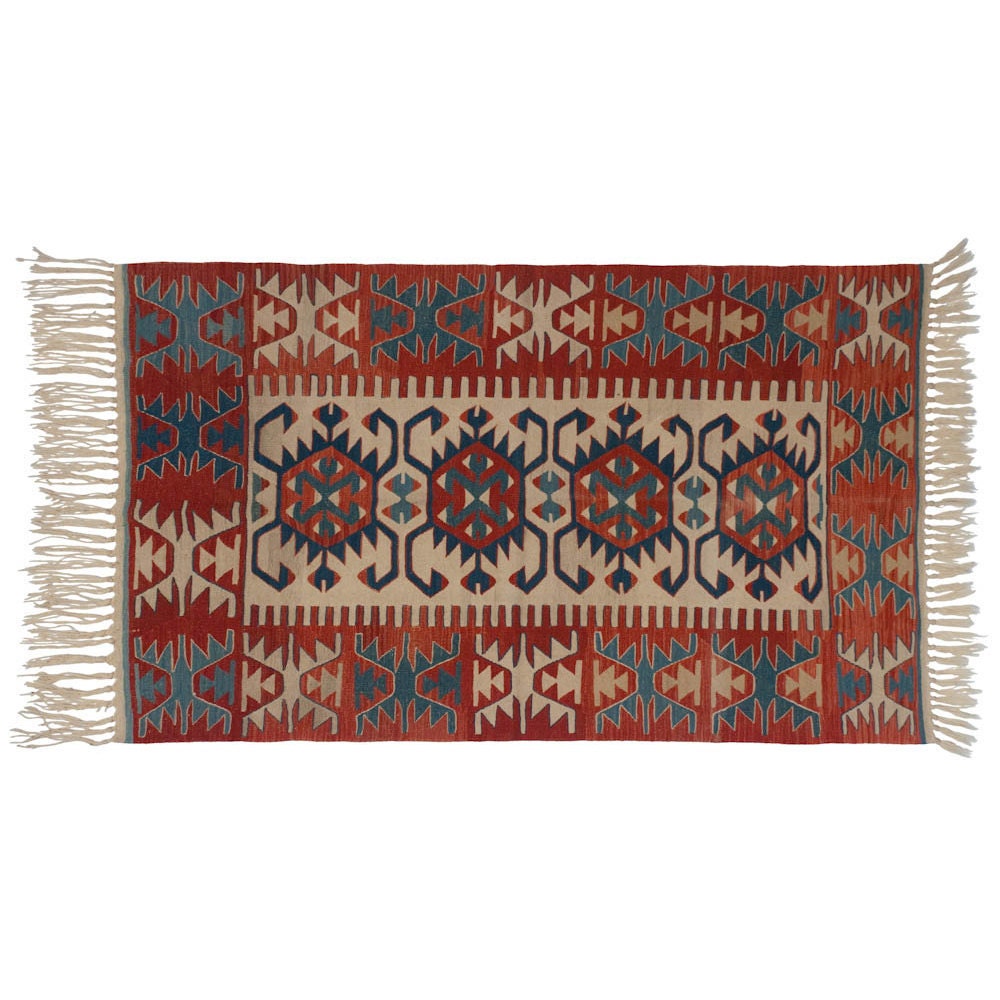 Kilim Rug 3x5 Vegetable Dyed Quadruple Horn Medallion - Red Blue