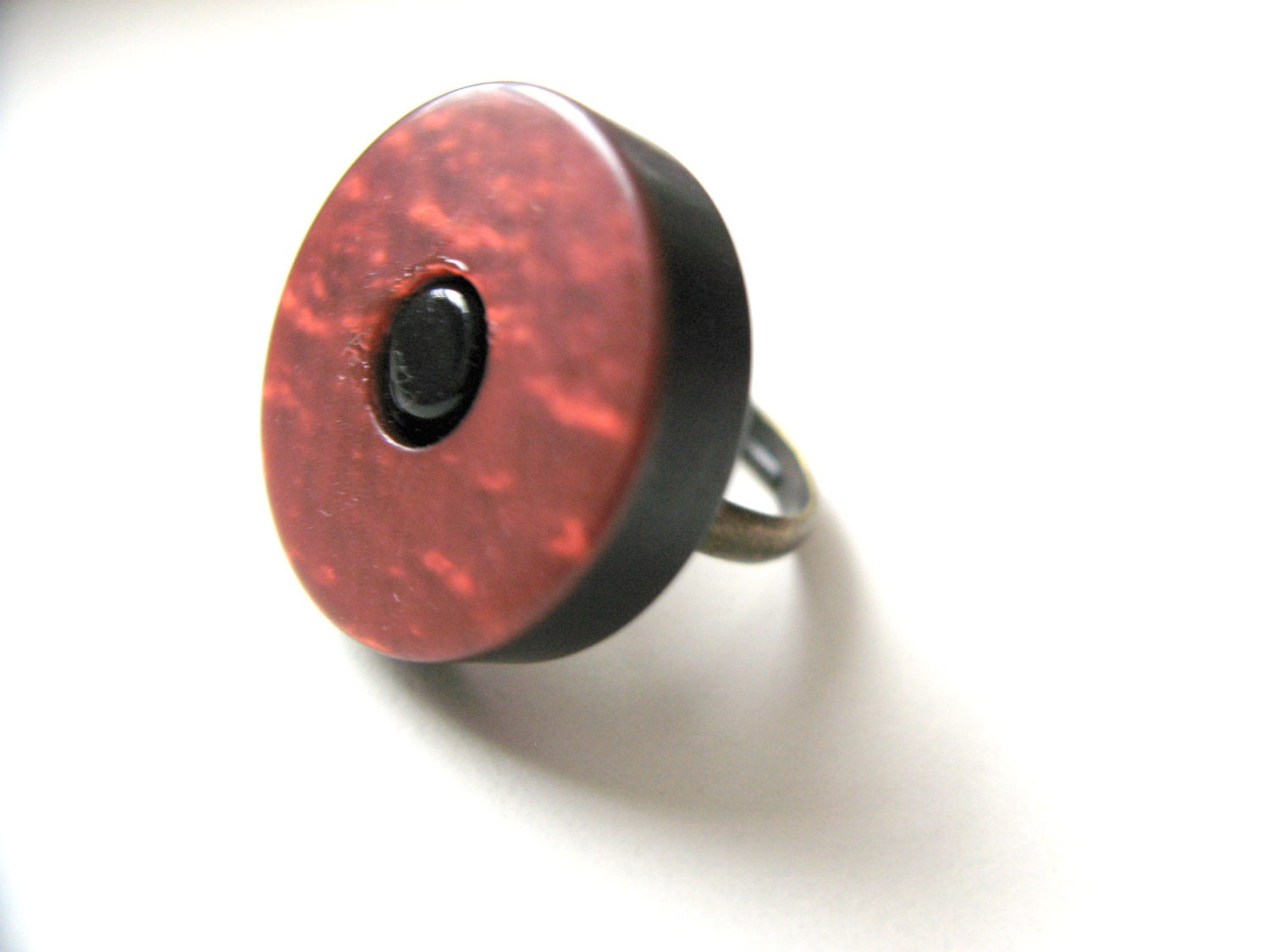 Large Rustic Burnt Red Button Ring, Disc Ring - raelwear