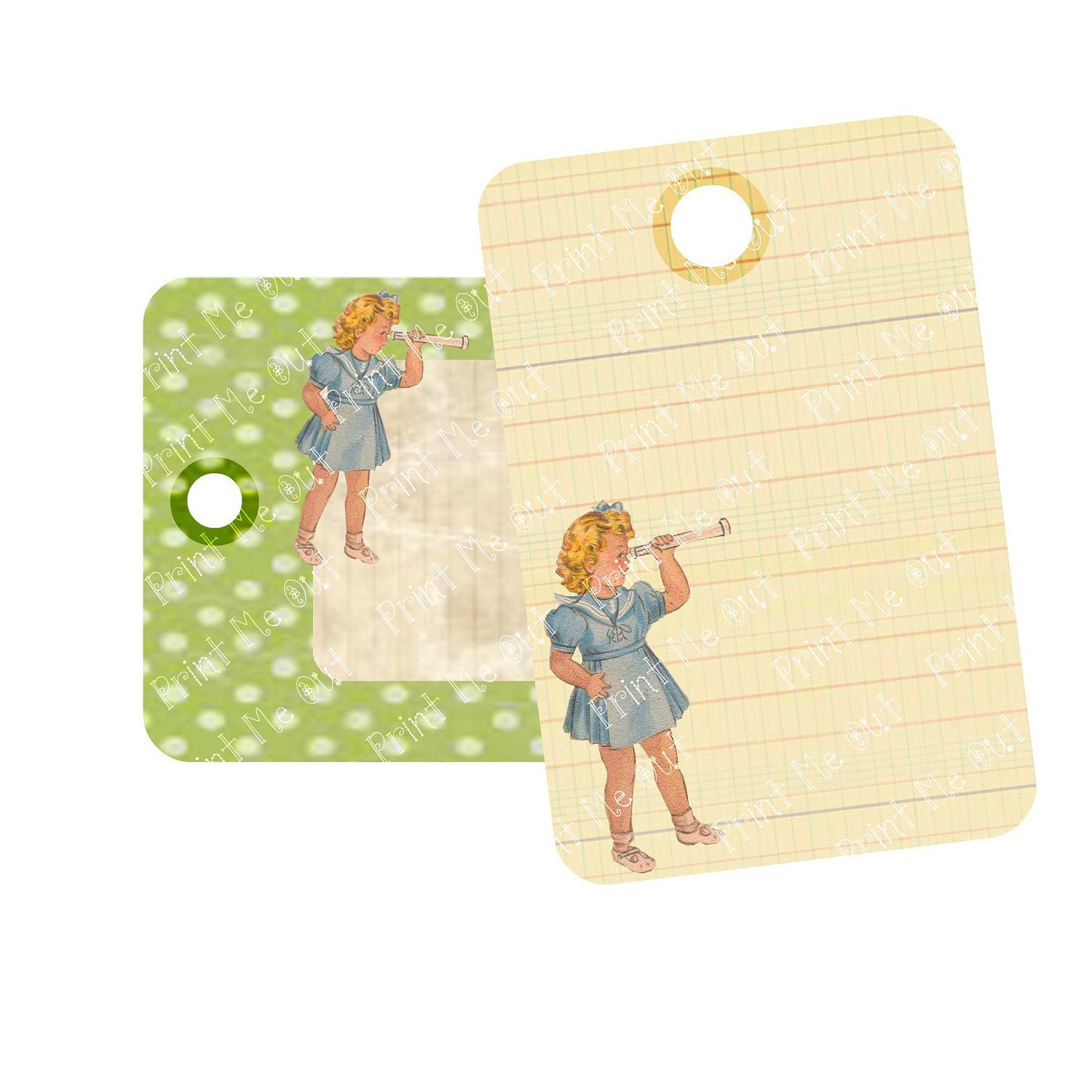 Retro Spyglass Girl Vintage Inspired Digital Printable Download  2x3 Tags