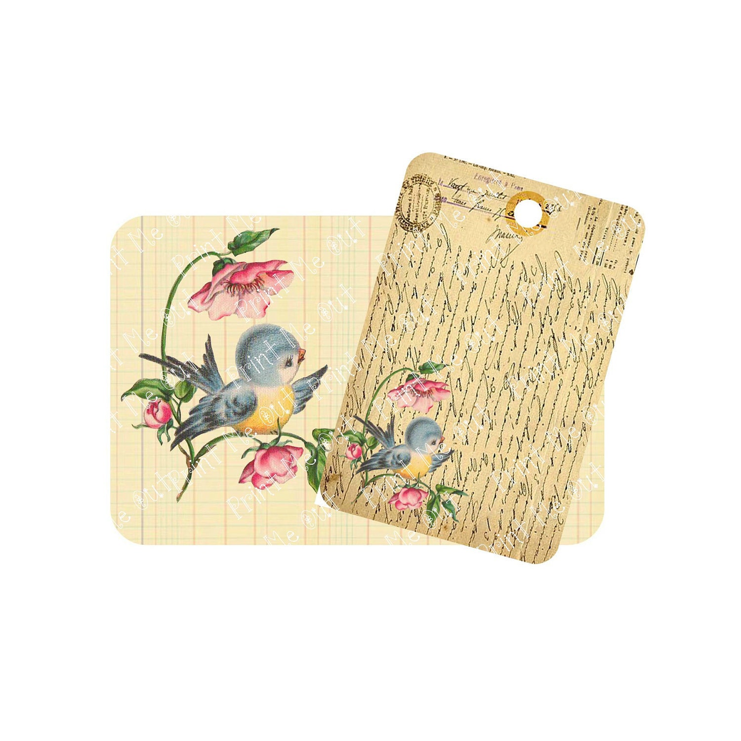 Little Blue Bird on a Pink Rose Vintage Inspired Digital Printable Download  2x3 Tags