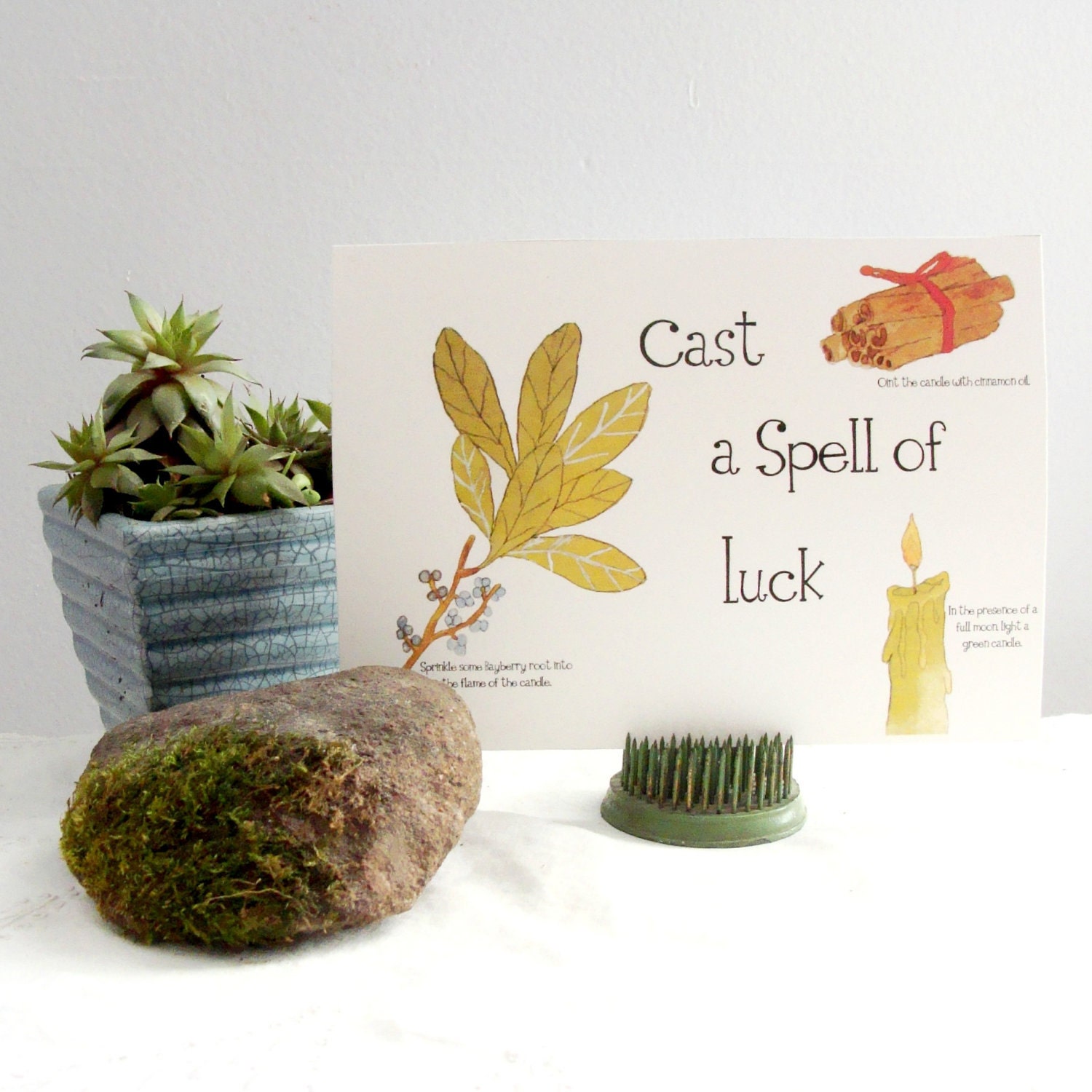 Cast A Spell Of Luck - 5x7 Watercolor Print BayBerry Cinnamon Green Candle Instructions for Money or Luck