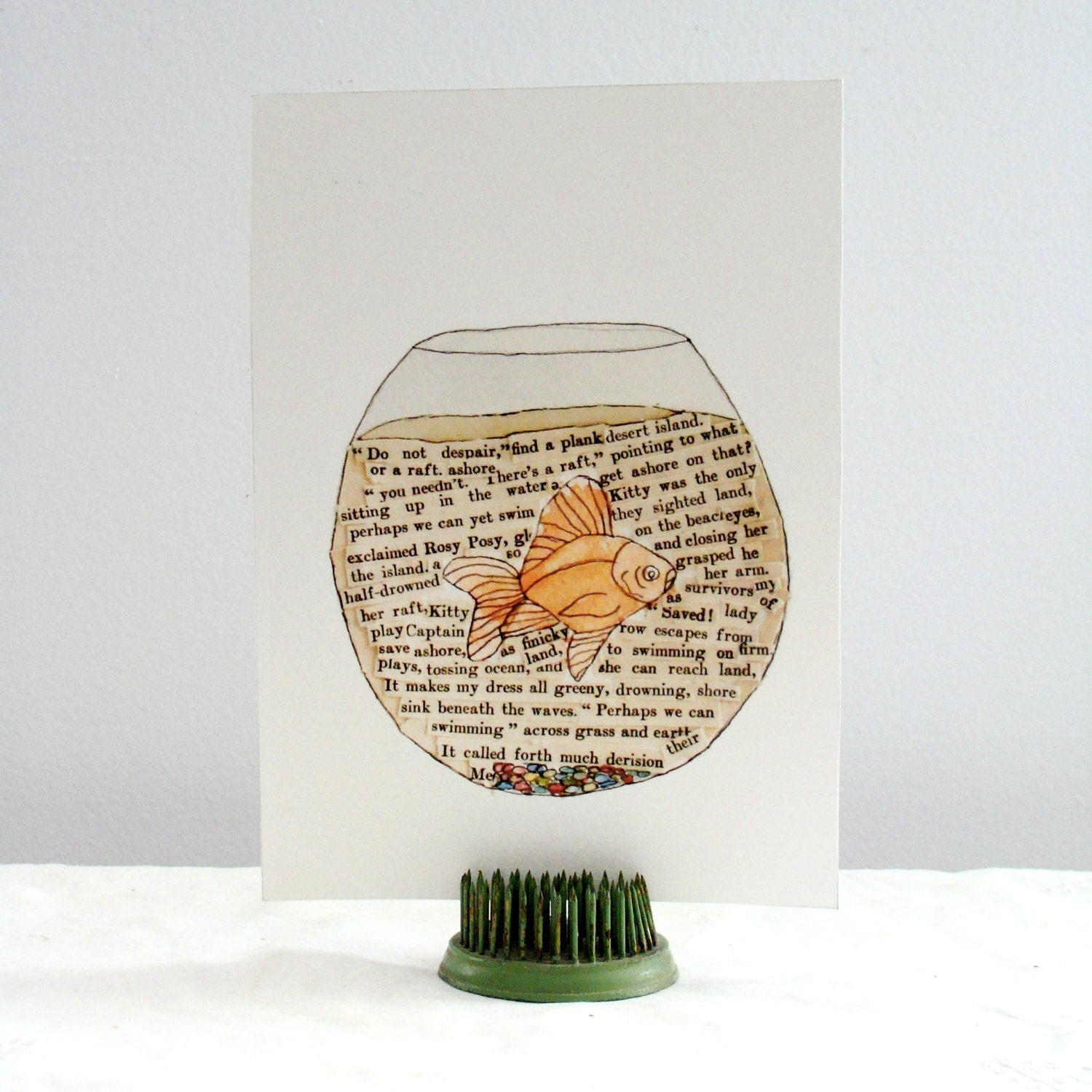 Swimming in Words - 5x7 print of watercolor mixed media Goldfish in a fish bowl with printed book words