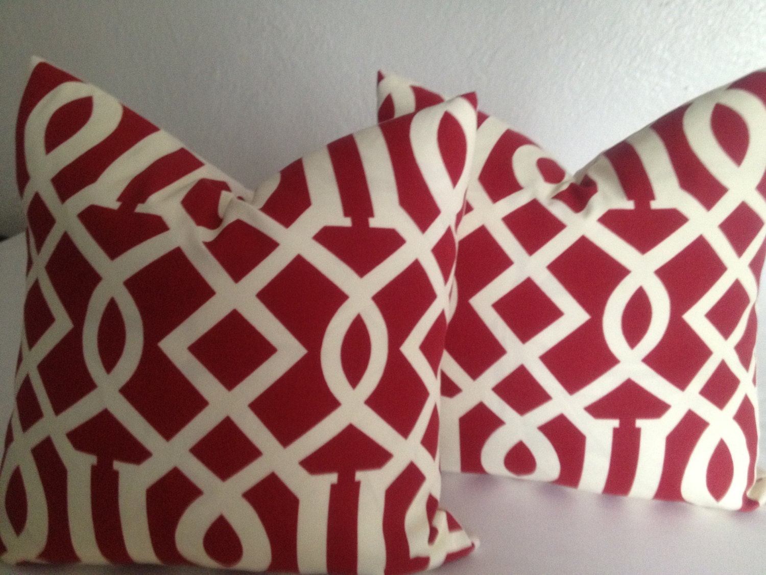 Pair of Decorative Throw Pillow cover 20x20  Designer Fabric -  red /  ivory- indoor / out door pillow