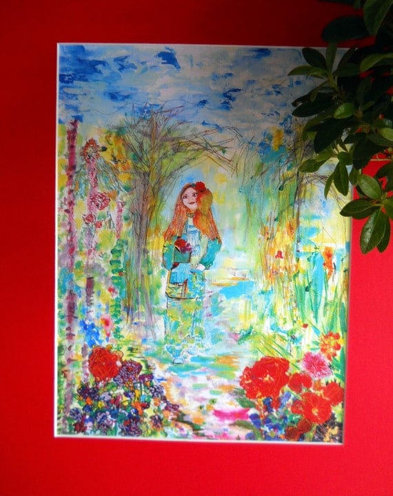 Garden Lady Watercolor Print & Card Set, Professional Red Matt, Foam Core, Ready To Frame