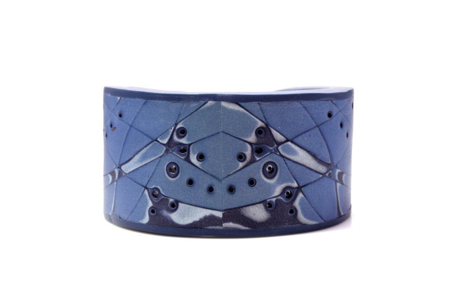 Blue Cuff Bracelet, OOAK Polymer Clay Cuff, Abstract Jewelry