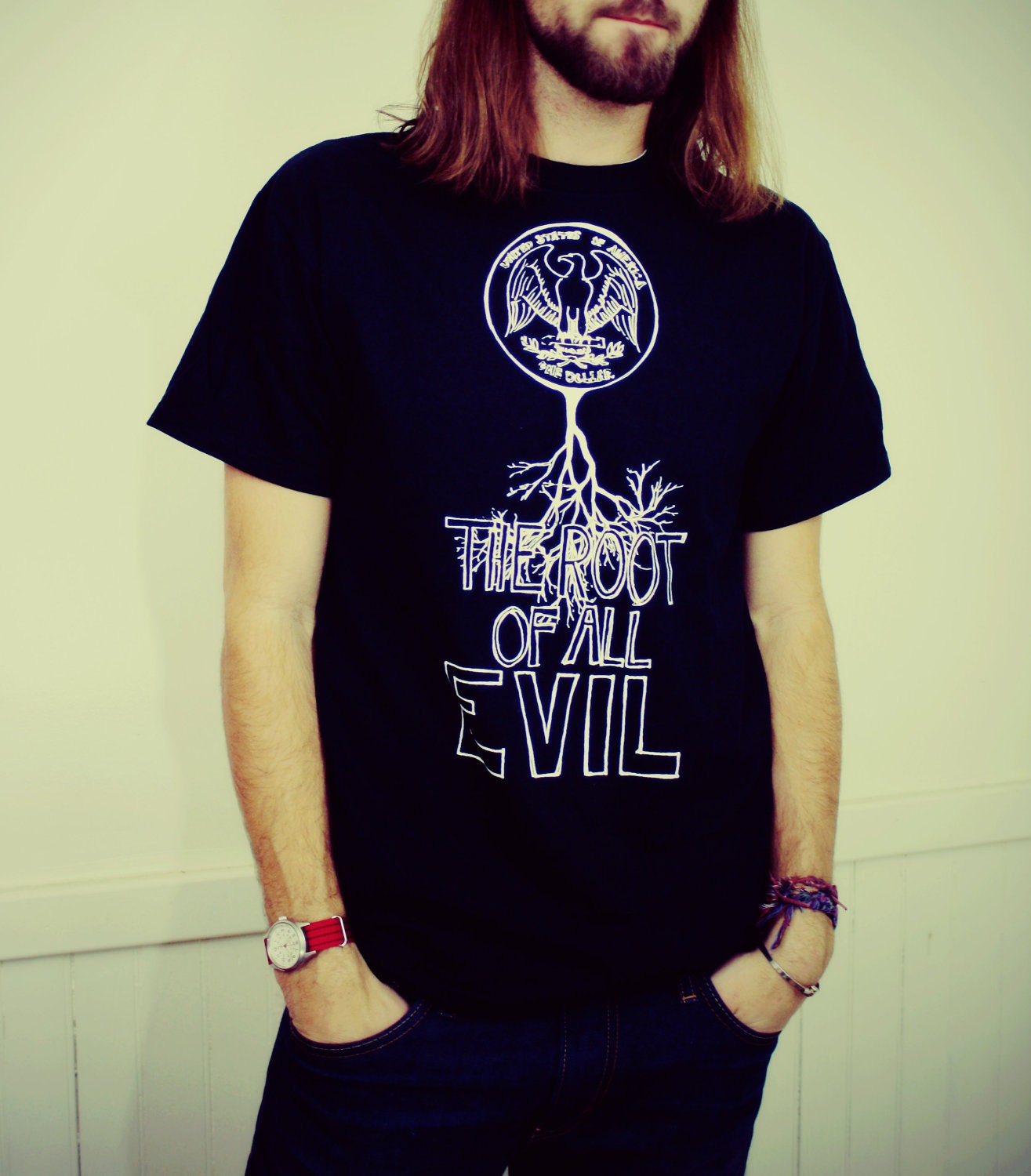 Large Handmade Tree T Shirt, Root of All Evil, Black, Mens, t-shirt, Eco-Friendly, Up-cycled, Recycled, Original Artwork