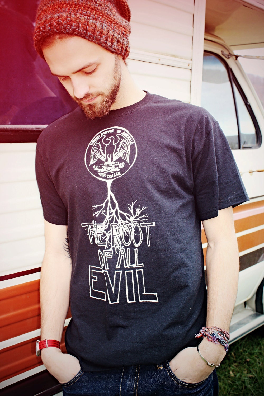 Medium Handmade Tree T Shirt, Root of All Evil, Black, Mens, t-shirt, Eco-Friendly, Up-cycled, Recycled, Original Artwork