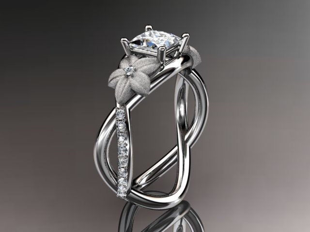 14kt  white gold diamond floral, leaf and vine wedding ring,engagement ring,moissanite  princess cut center ADLR90PR