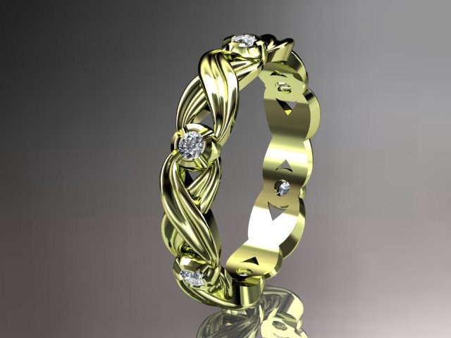 14kt yellow gold diamond leaf and vine wedding ring,engagement ring,wedding band.ADLR19. nature inspired jewelry
