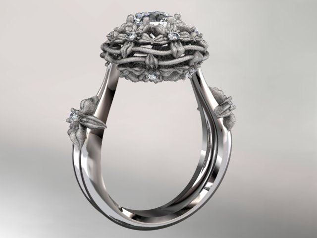 14kt white gold diamond floral, leaf and vine "Basket of Love" ring ADLR94 nature inspired jewelry