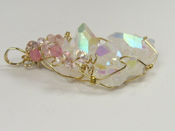 AURORA Opalized Crystal Wire Wrapped Pendant in 14kgf wire - This would look stunning as Crystal Wedding Jewelry