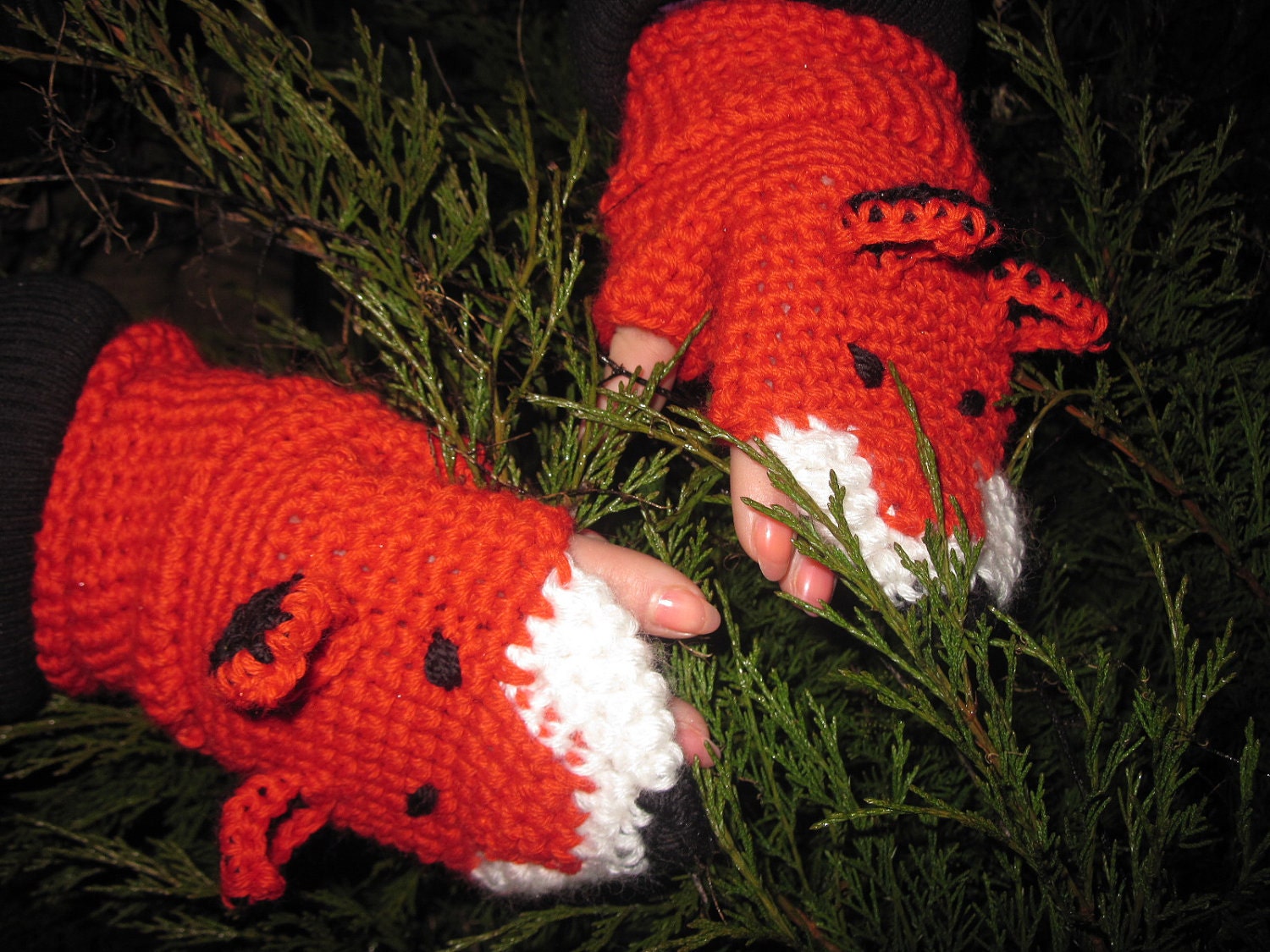 Crochet Fingerless gloves Mittens Fox Funny Girl Teens Women Cashmere Australian Wool Red Ginger Color Hand Wrist Arm Warmers Animal Puppet