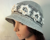 Woman Lace Crochet Ladies Vintage Sun Cloche Bucket Hat Pure Unbleached Linen Flax Ivory Irish Flowers Double Brimmed Summer Spring