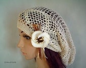 Lace Crochet Tam Dreads Hat Oversized Beret Slouchy Beanie Boho Women Girl Beige Summer 2013 Cotton Vintage Style